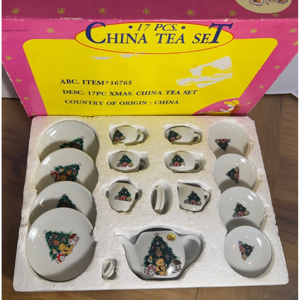 ABC China Tea Set Kids OS White Xmas China Tea Set Christmas Teddy Bear 17pc